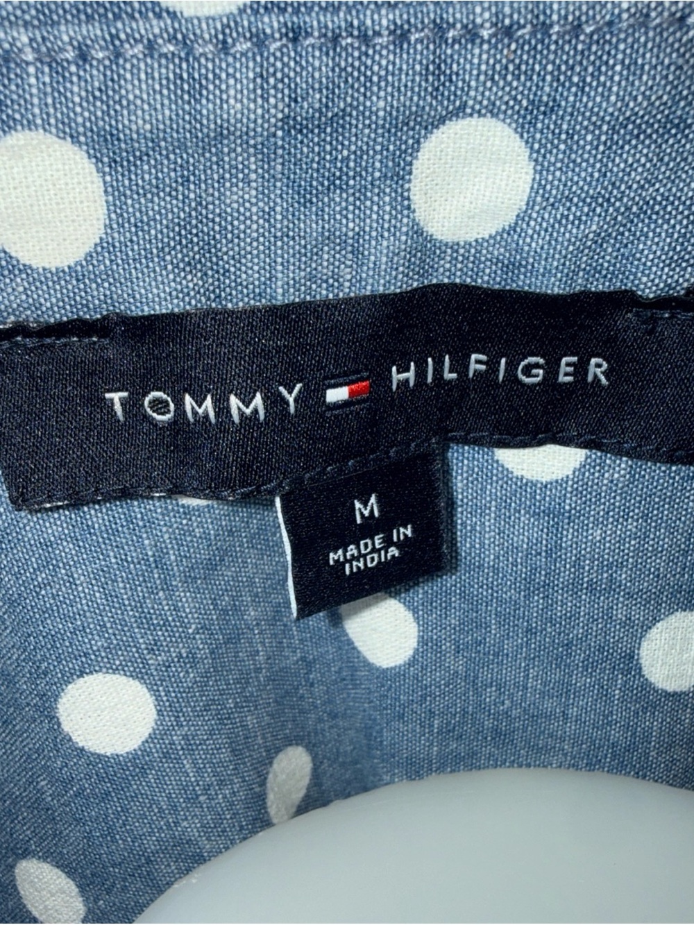 Tommy Hilfiger Shirt M Blue Polka Dot 3/4 Roll Tab Sleeve Button Down *READ - Picture 6 of 10